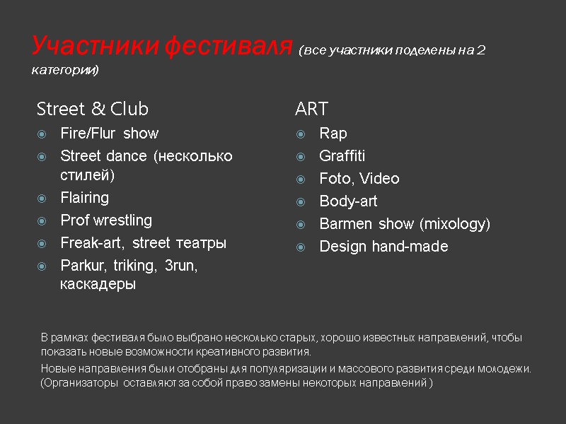 Участники фестиваля (все участники поделены на 2 категории) В рамках фестиваля было выбрано несколько